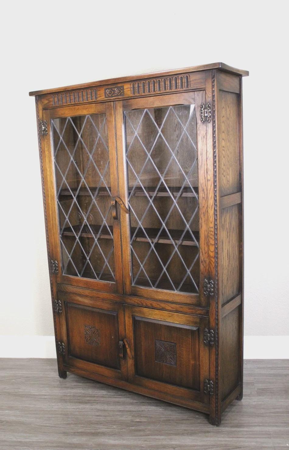 English Antique Oak Leaded Glass Bookcase / Display Cabinet