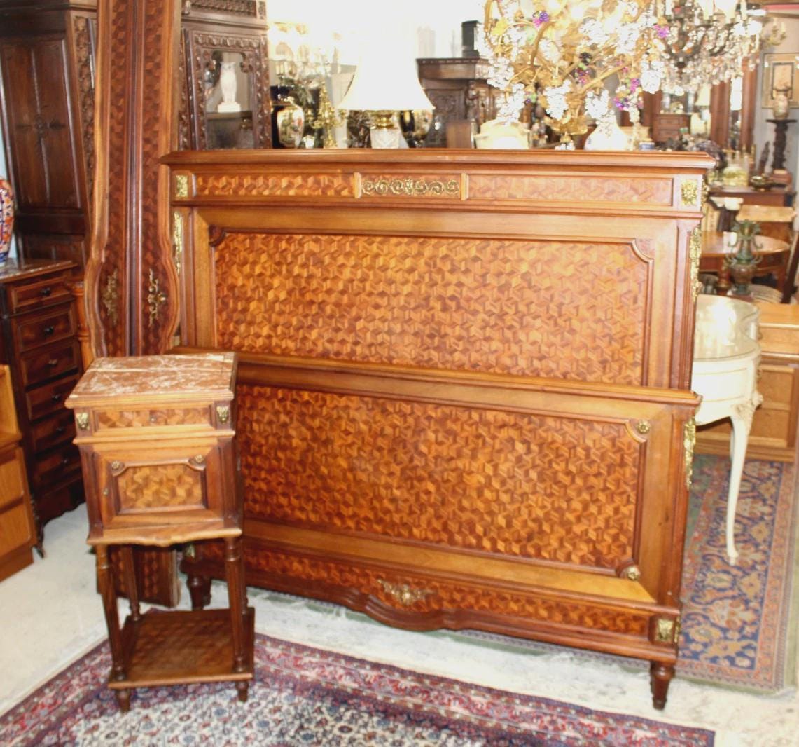 French Antique Louis XVI Parquetry Walnut Queen Bed & Nightstand | Bedroom Set