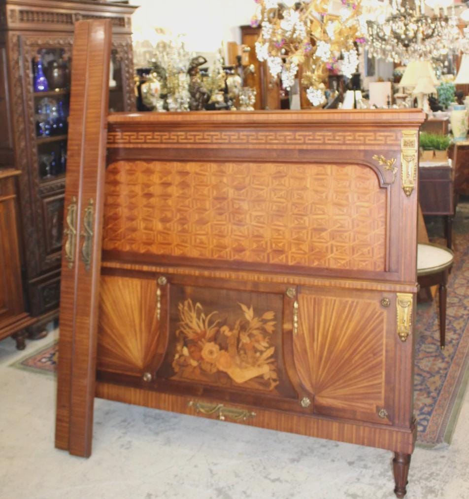 French Antique Louis XVI Inlaid Rosewood Queen Size Bed & Nightstand | Bedroom Set