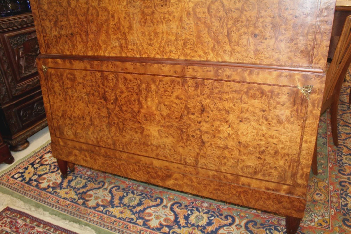 French Antique Louis XVI Burled Walnut Full Size Bed | Rails & Slats | Neoclassical Style
