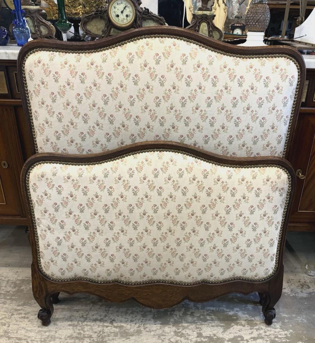 French Antique Louis XV Twin Size Bed | Dark Oak Upholstered Frame | Curved Headboard, Rails & Slats
