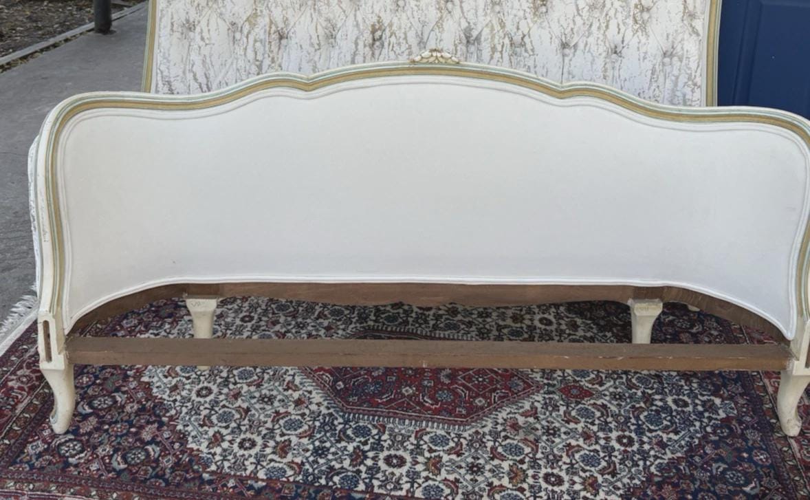French Louis XV Full Size Bed | Painted Frame with New Tufted Upholstery | Rococo Style Vintage Bed