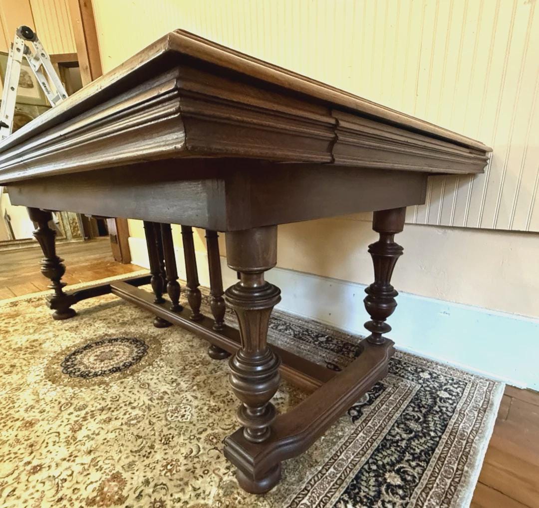French Antique Oak Renaissance Parquetry Top Dining Table | c.1880