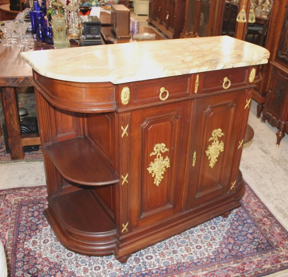 French Antique Marble Top Louis XVI Mahogany Sideboard / Server / Bar Cabinet