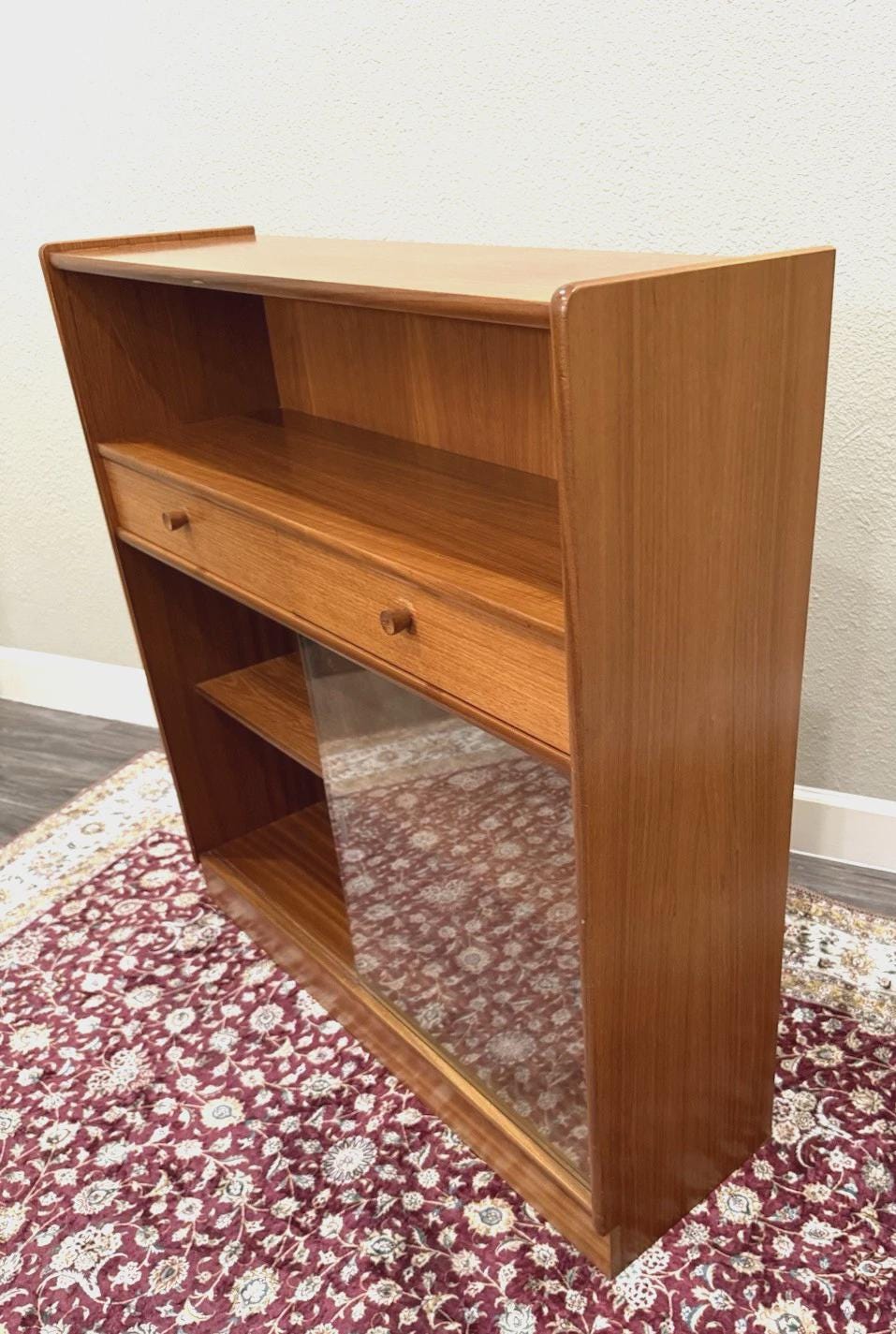 Mid Century Modern Teak Bookcase Cabinet, Glass Sliding Doors, 2 Drawer Storage, Danish Modern Display Shelf