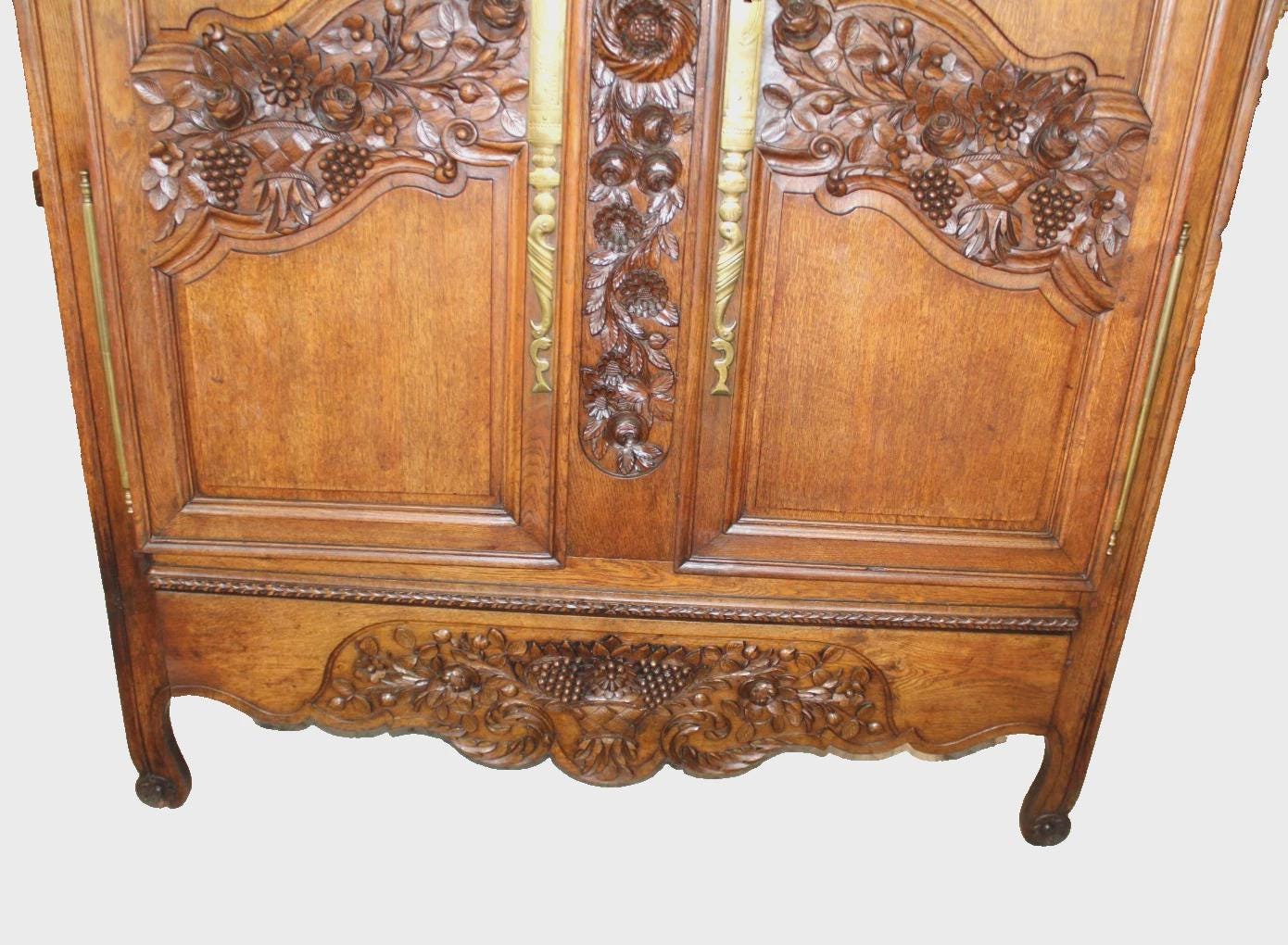 18th Century French Normandy Oak Armoire, Antique Carved 2 Door Wardrobe, Circa 1780 Rustic Provincial Cabinet