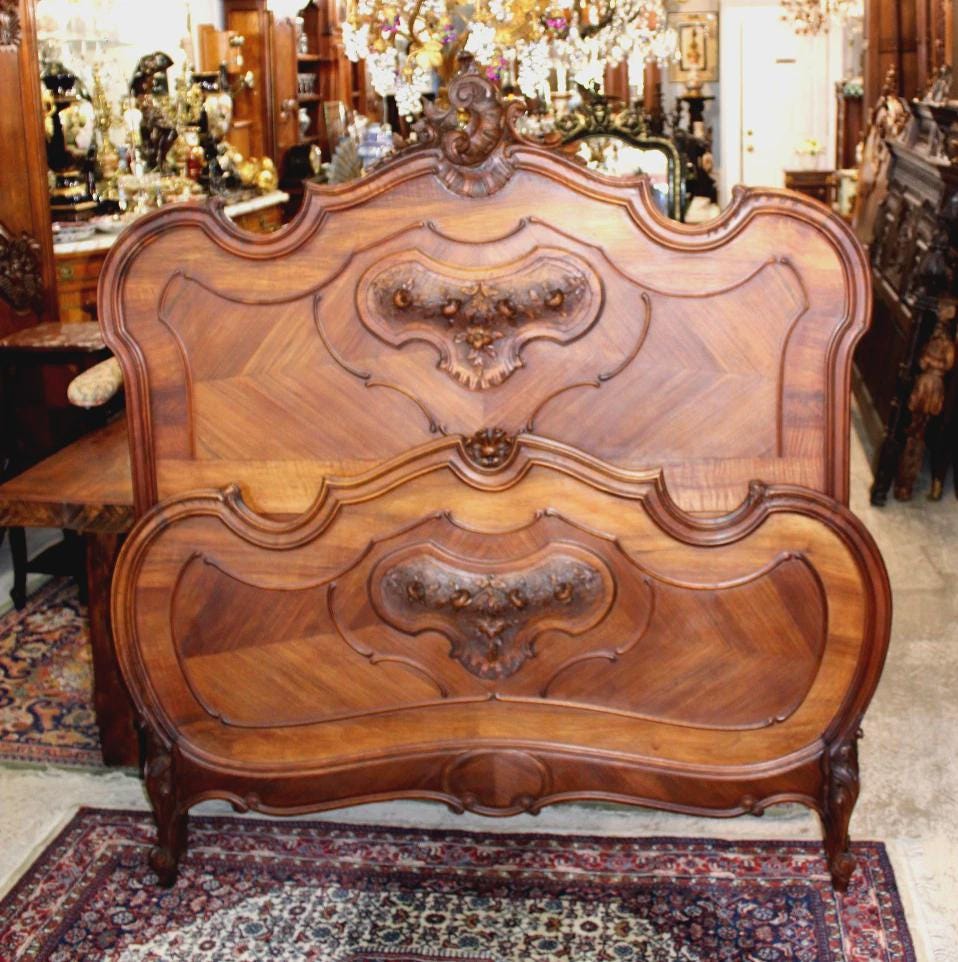 Antique French Louis XV Walnut Bed & Nightstand, Hand Carved Rose Motif, Full Size Bedroom Set