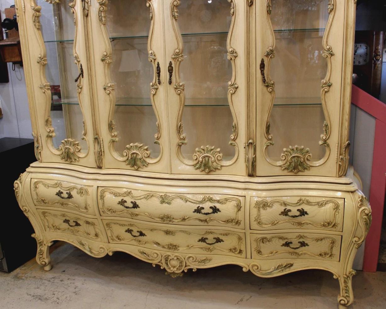 Italian Antique Painted Bombay China Cabinet, Ornate Buffet Display Hutch