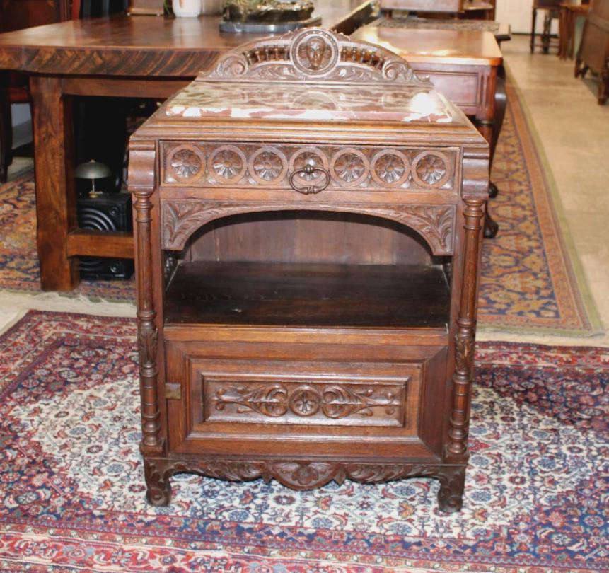 Exquisite French Antique Brittany Nightstand, Hand Carved Walnut Bedside Table with Marble Top