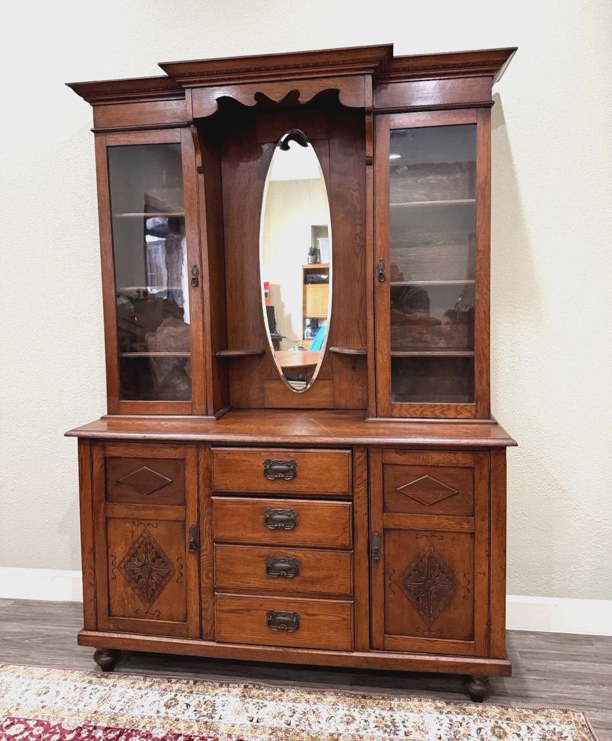 Antique English Oak Buffet China Cabinet, Victorian Sideboard Hutch, Glass Display Cabinet, Traditional Dining Storage