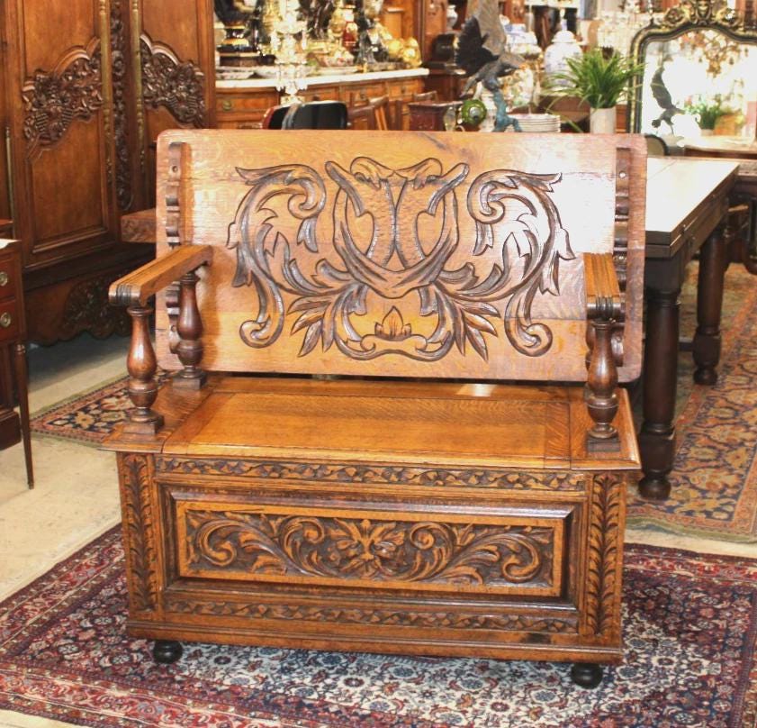 Antique English Jacobean Tiger Oak Bench, Carved Storage Seat, Hall Bench Table, 19th Century