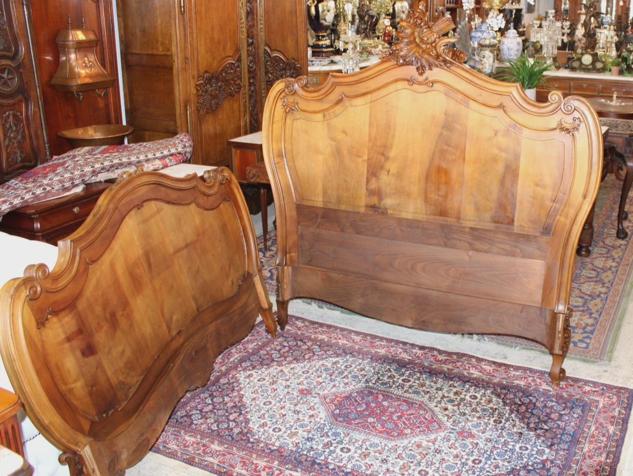 Antique French Louis XV Solid Walnut Bed, Hand Carved Full Size Bed Frame, Provincial Bedroom Furniture