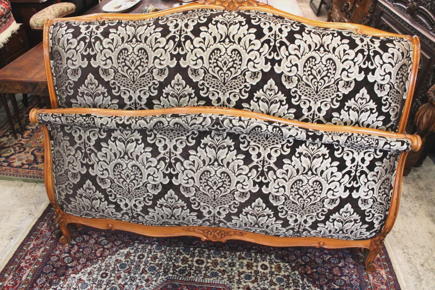 Antique French Louis XV Walnut Upholstered Bed, Full Size, Silver & Black Damask, Newly Upholstered
