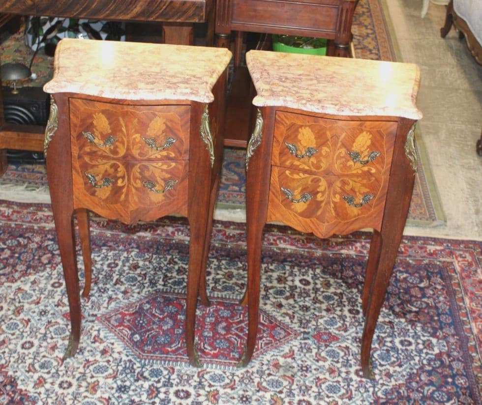 Pair French Antique Inlaid Rosewood Nightstands, Marble Top, Bronze Mounts