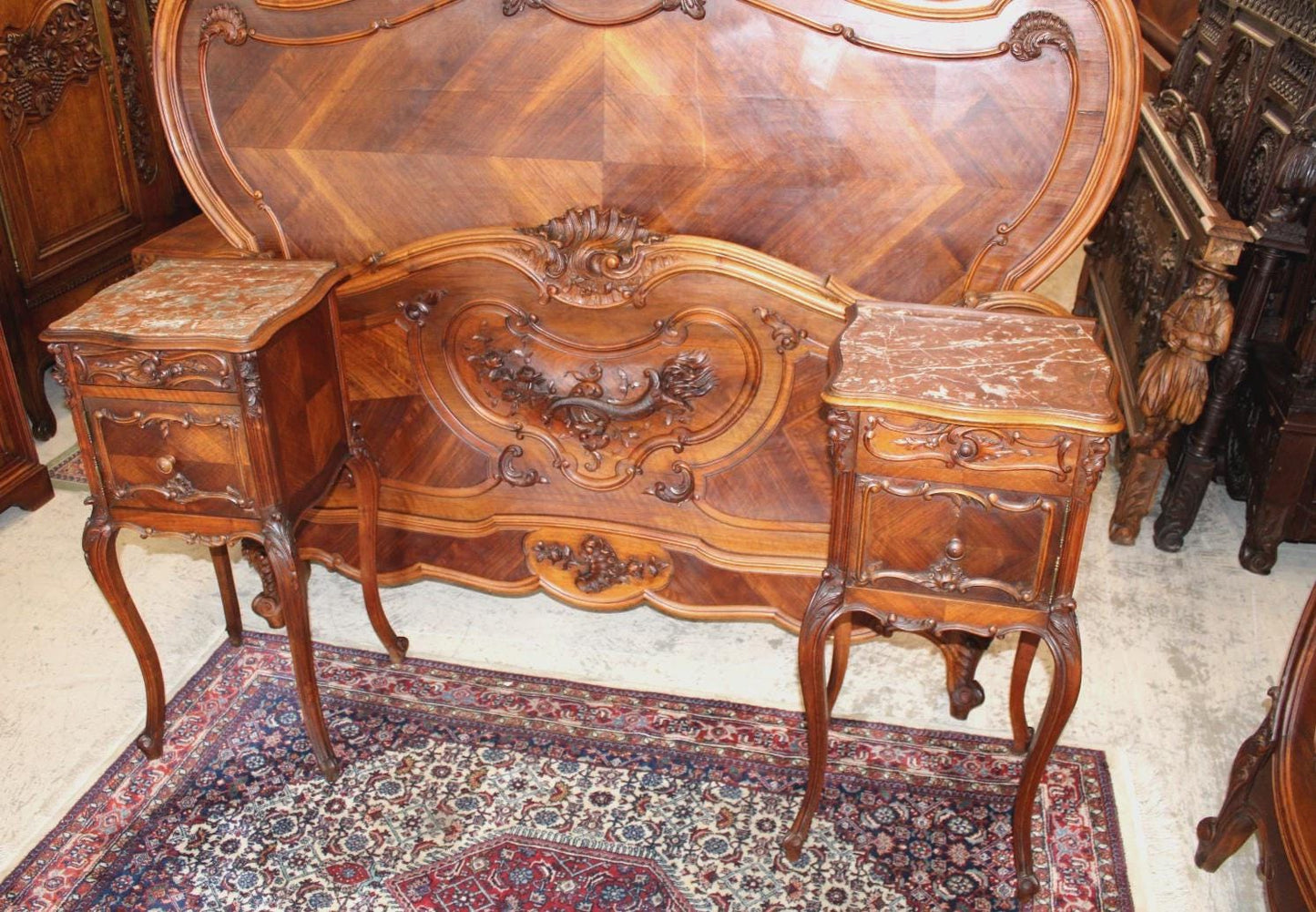 French Antique Louis XVI Queen Bed & Marble Top Nightstand, Carved Walnut Bedroom Set
