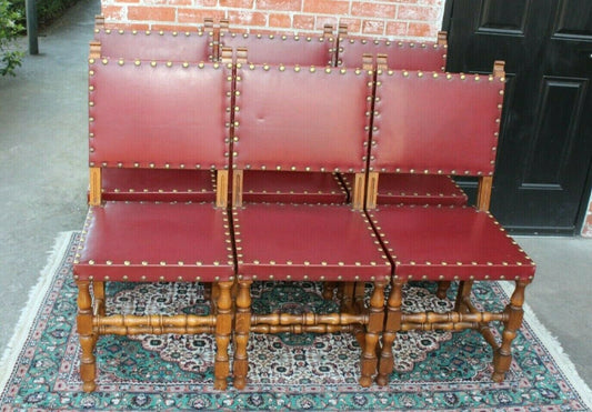Set of 6 French Louis XIV Oak Chairs | Antique Red Vinyl Renaissance Style