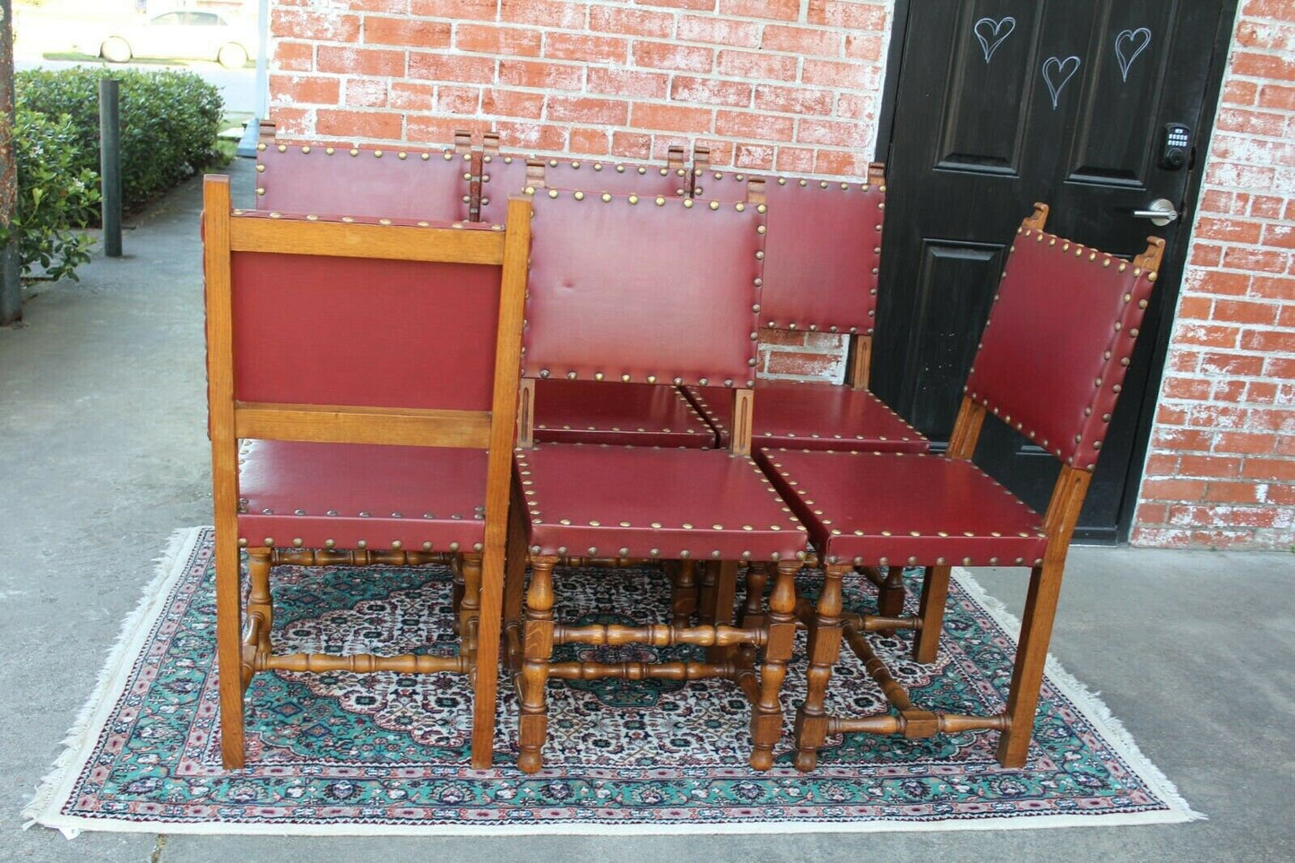 Set of 6 French Louis XIV Oak Chairs | Antique Red Vinyl Renaissance Style