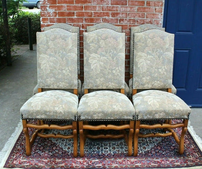 Set of 6 French Oak Louis XIV Upholstered Chairs | Green & White Fabric