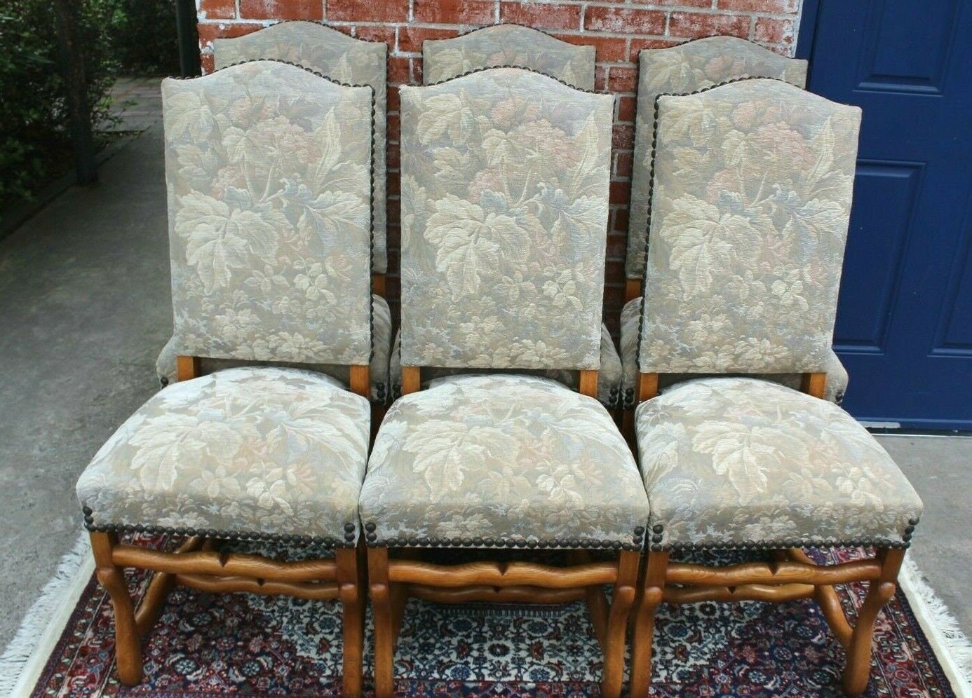 Set of 6 French Oak Louis XIV Upholstered Chairs | Green & White Fabric