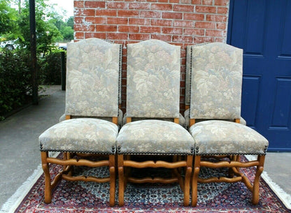 Set of 6 French Oak Louis XIV Upholstered Chairs | Green & White Fabric