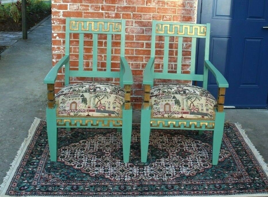 Set of 2 Vintage Greek Key Armchairs w/ Tapestry Seats & Painted Frames