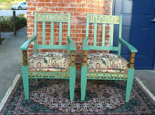 Set of 2 Vintage Greek Key Armchairs w/ Tapestry Seats & Painted Frames