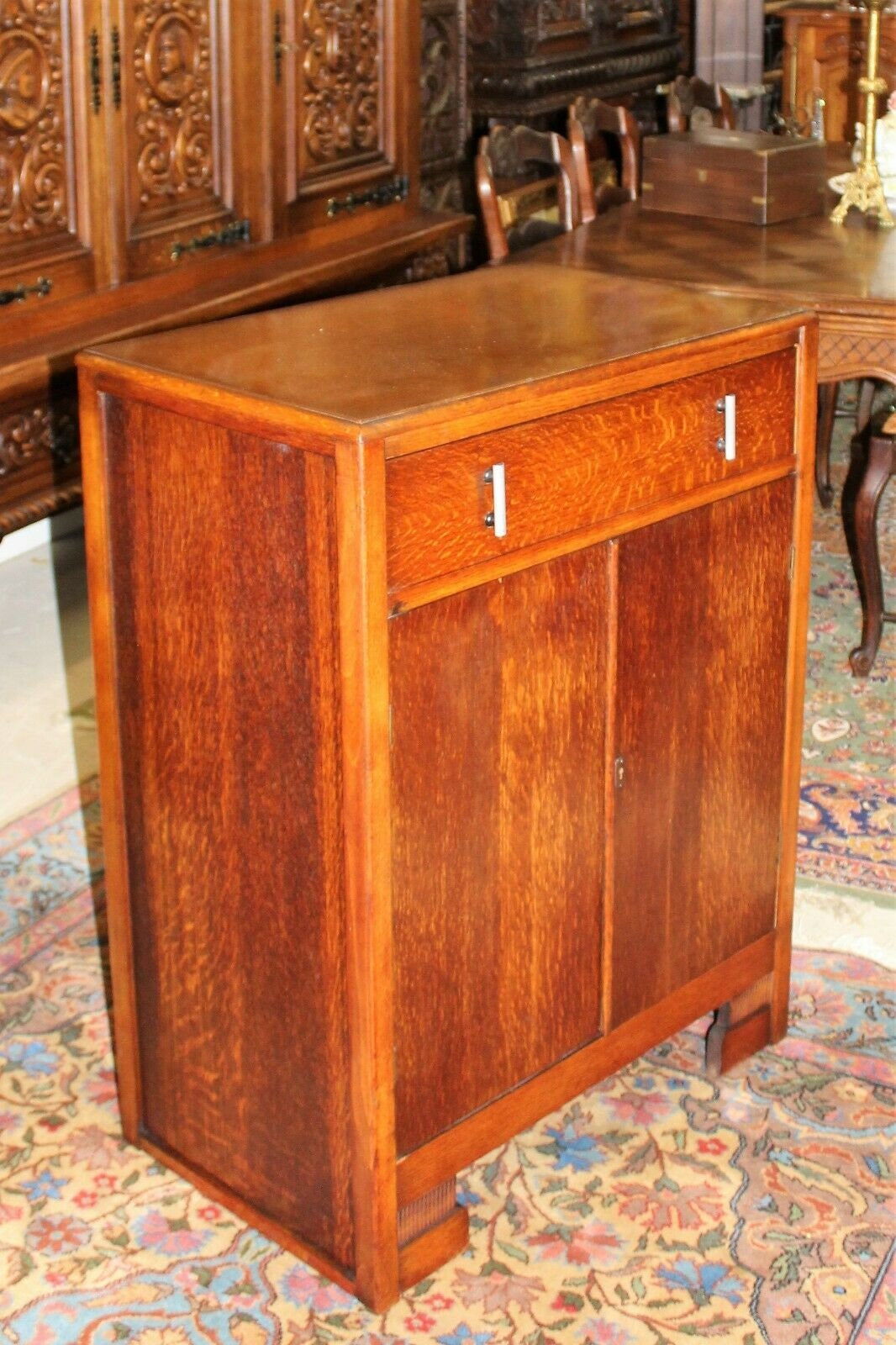 English Antique Oak Art Deco Armoire Wardrobe Bedside Cabinet c.1930s