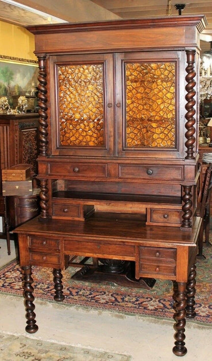 French Louis XIII Secretary Desk | Antique Hutch with Stained Glass Bookcase
