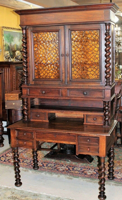 French Louis XIII Secretary Desk | Antique Hutch with Stained Glass Bookcase
