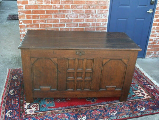 French Antique Dark Oak Renaissance Trunk | Chest with Carved Panel Storage