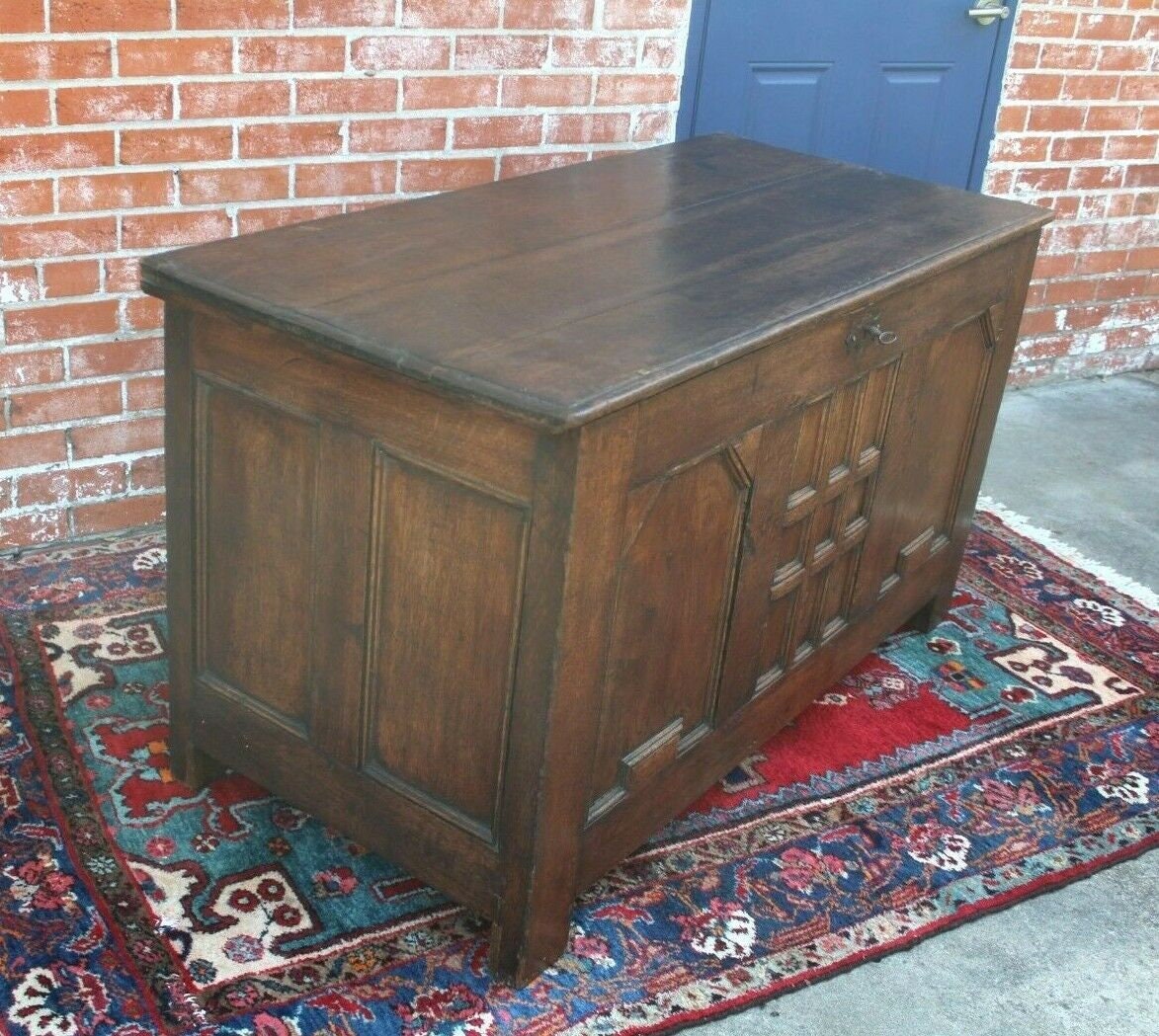 French Antique Dark Oak Renaissance Trunk | Chest with Carved Panel Storage