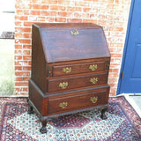 English Antique Dark Oak Ball & Claw Front Drop Secretary Desk | Home Office Furniture