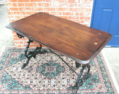 English Antique Oak Top Table | Cast Iron Base Writing Desk Industrial Style