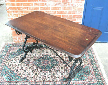 English Antique Cast Iron Base & Solid Oak Wood Top Thin Table / Desk | Home Office Furniture