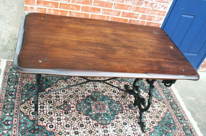English Antique Cast Iron Base & Solid Oak Wood Top Thin Table / Desk | Home Office Furniture
