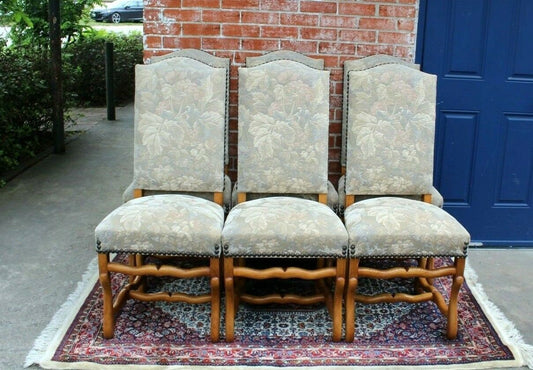 Set of 6 French Oak Louis XIV Upholstered Chairs | Green & White Fabric