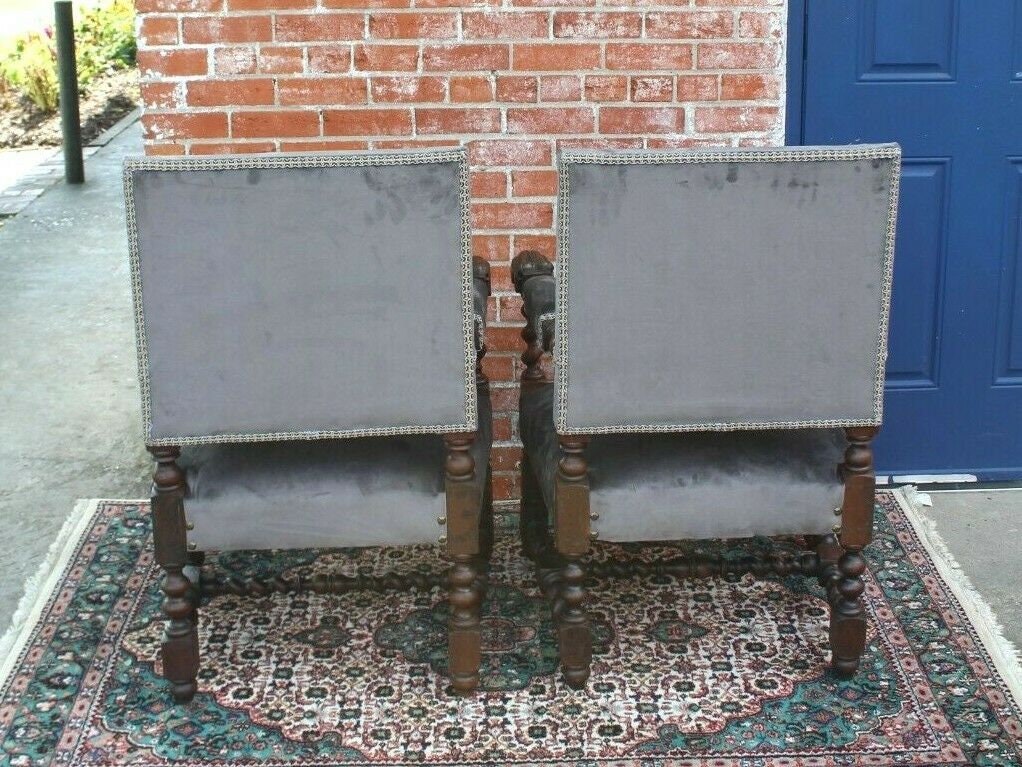 Pair French Antique Oak Louis XIII Armchairs c.1880 Barley Twist Set of 2