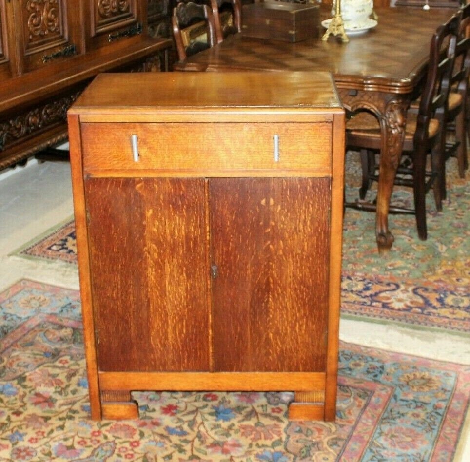 English Antique Oak Art Deco Armoire Wardrobe Bedside Cabinet c.1930s