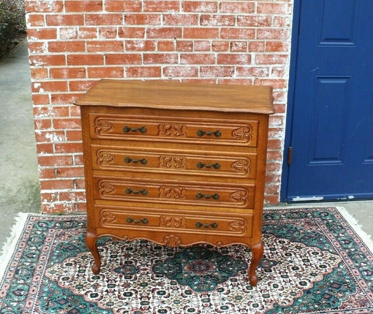 French Oak Louis XV Chest | 4-Drawer Small Antique Dresser w/ Carved Detail