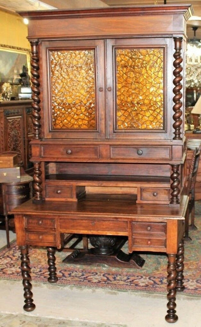 French Louis XIII Secretary Desk | Antique Hutch with Stained Glass Bookcase