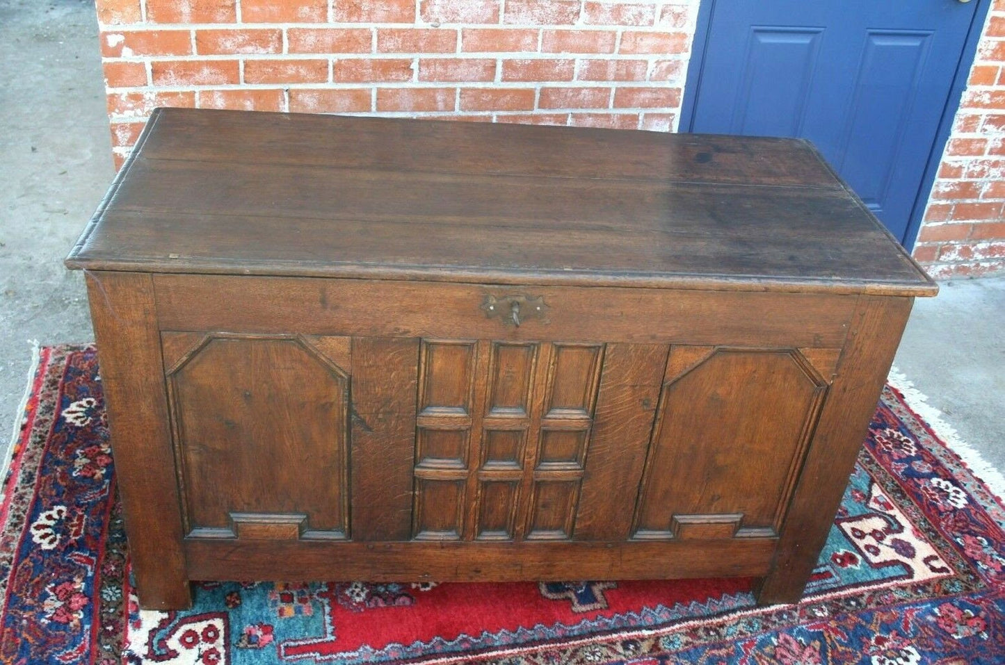 French Antique Dark Oak Renaissance Trunk | Chest with Carved Panel Storage