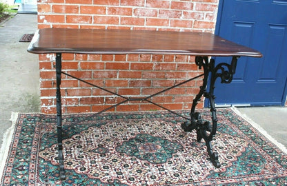 English Antique Cast Iron Base & Solid Oak Wood Top Thin Table / Desk | Home Office Furniture