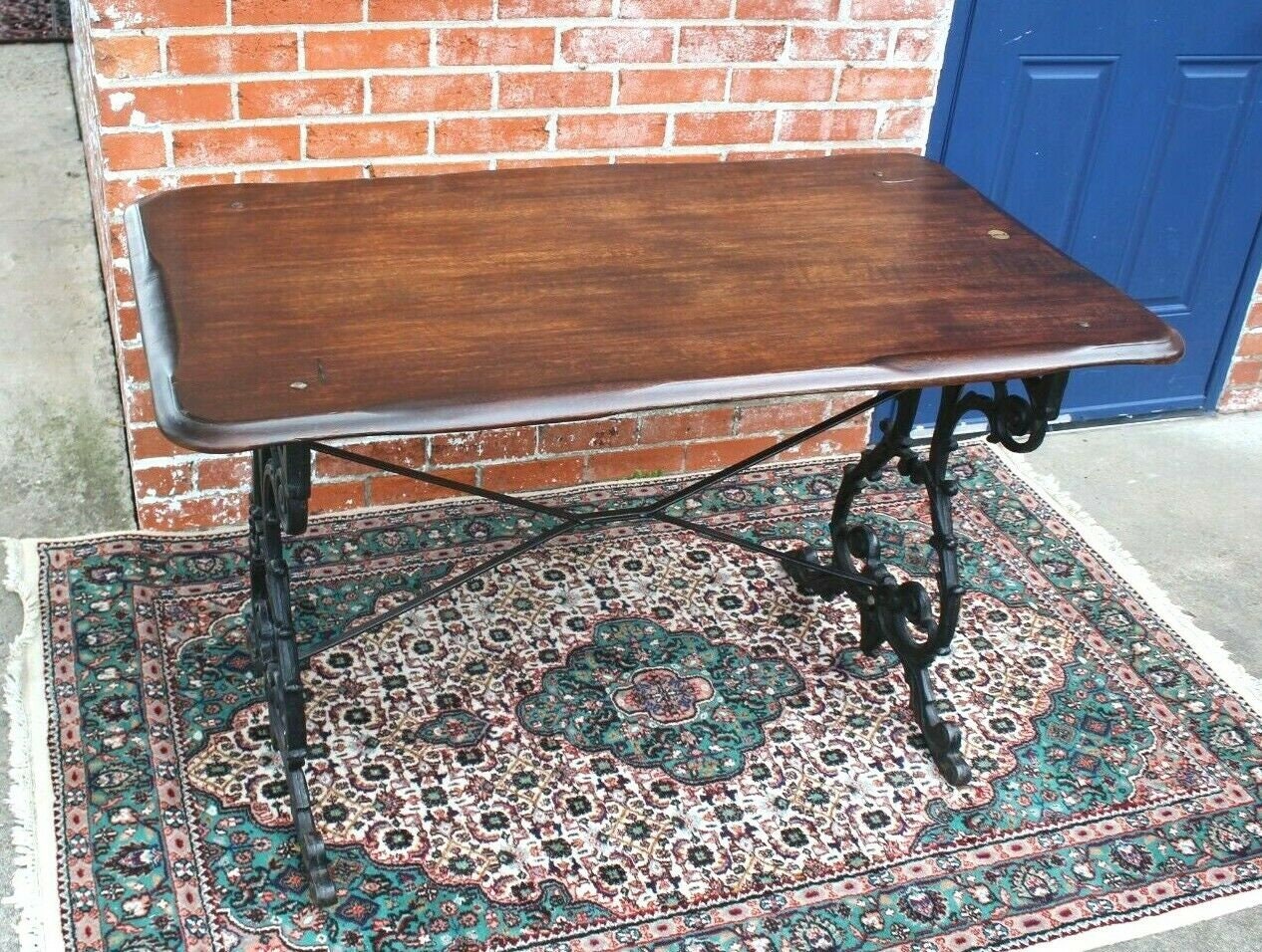 English Antique Cast Iron Base & Solid Oak Wood Top Thin Table / Desk | Home Office Furniture