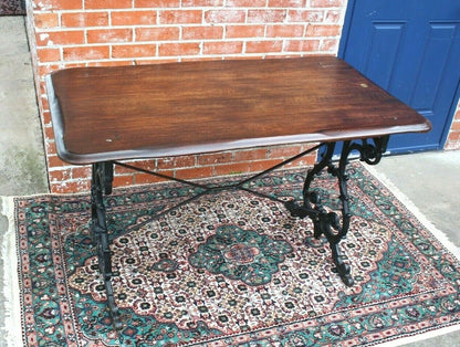 English Antique Cast Iron Base & Solid Oak Wood Top Thin Table / Desk | Home Office Furniture