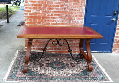 French Antique Oak Renaissance Writing Desk | Spanish Style Iron Base Table