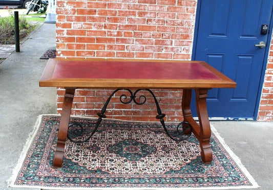 French Antique Oak Renaissance Writing Desk | Spanish Style Iron Base Table