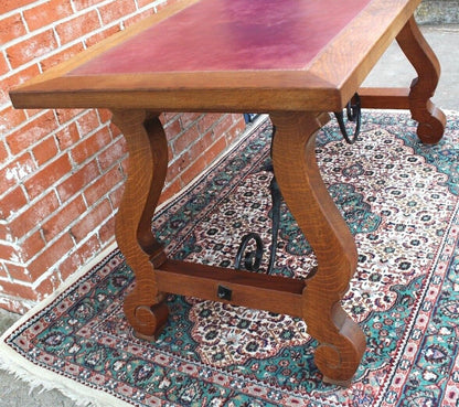 French Antique Oak Renaissance Writing Desk | Spanish Style Iron Base Table