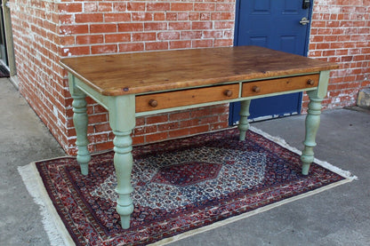 English Antique Pine Desk Table w/ 2 Drawers & Turned Legs – Rustic Charm