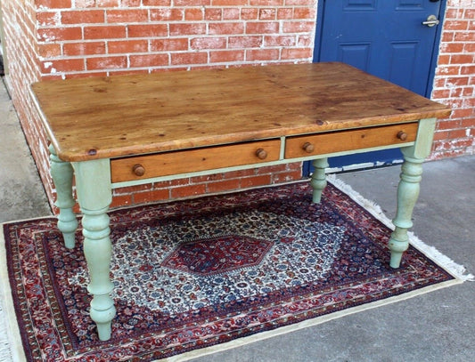 English Antique Pine Desk Table w/ 2 Drawers & Turned Legs – Rustic Charm
