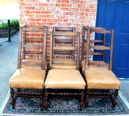 Set of 6 French Antique Louis XIV Walnut Leather Seat Dining Chairs